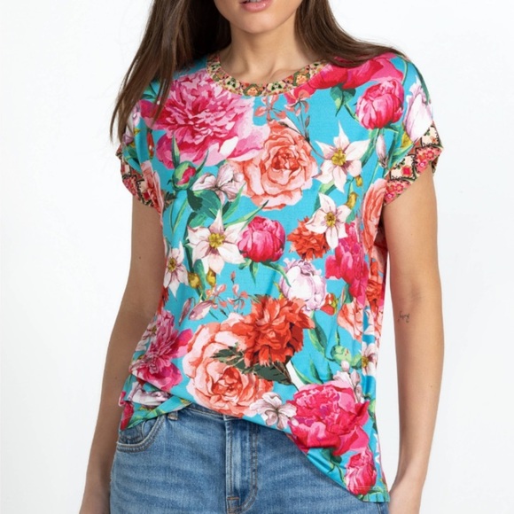 Johnny Was Pink Rose Relaxed Tee Short Sleeve T-Shirt Peony Floral SIze M NWT - Picture 1 of 13